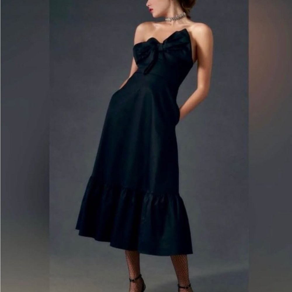 Hutch Strapless Black Bow-Front Midi Dress